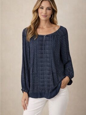 Peruvian Connection Tunic Top Size L Blue Boho Long Sleeve Lightweight